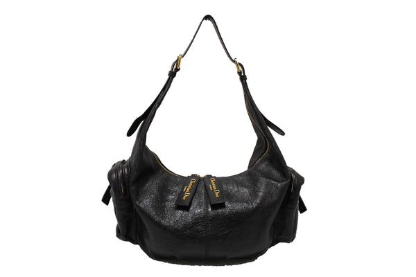Christian Dior Black Crinkled Calfskin Large Grand Tour Multipocket Hobo Bag
