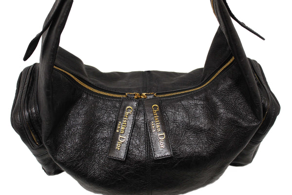 Christian Dior Black Crinkled Calfskin Large Grand Tour Multipocket Hobo Bag