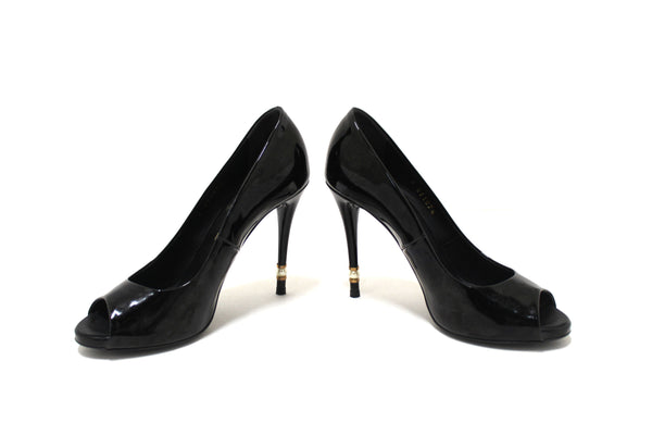 CHANEL Chanel Black Patent Leather CC Pearl Embellished Heel Peep Toe | Italystation.com - Shop Now at italystation.com