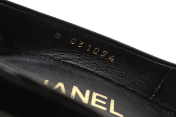 CHANEL Chanel Black Patent Leather CC Pearl Embellished Heel Peep Toe | Italystation.com - Shop Now at italystation.com