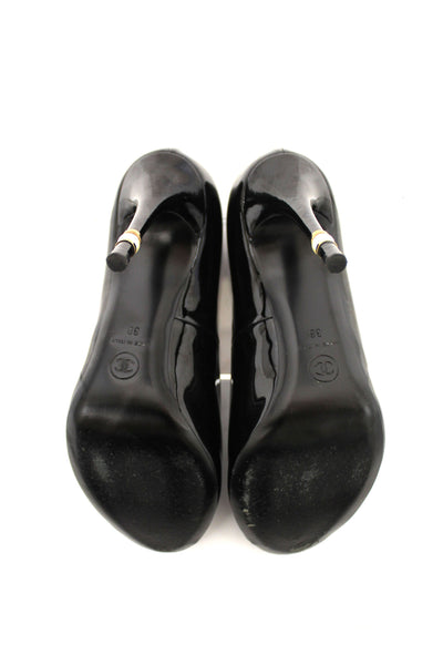CHANEL Chanel Black Patent Leather CC Pearl Embellished Heel Peep Toe | Italystation.com - Shop Now at italystation.com