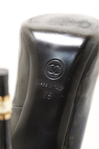CHANEL Chanel Black Patent Leather CC Pearl Embellished Heel Peep Toe | Italystation.com - Shop Now at italystation.com