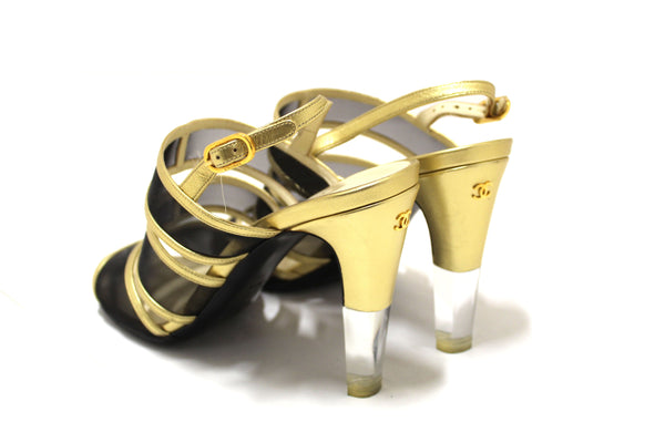 CHANEL Chanel Gold Leather and Black Mesh Lucite Heel Sandals Size 38 | Italystation.com - Shop Now at italystation.com