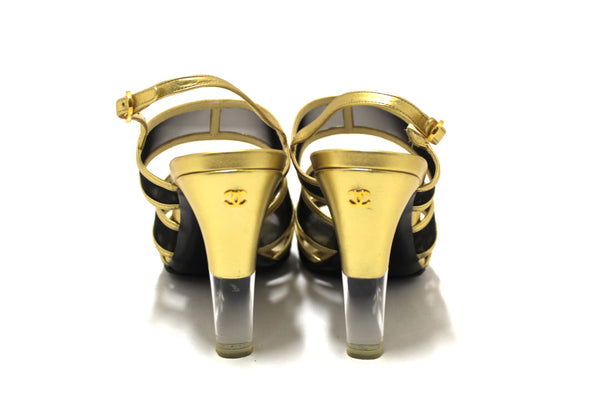CHANEL Chanel Gold Leather and Black Mesh Lucite Heel Sandals Size 38 | Italystation.com - Shop Now at italystation.com