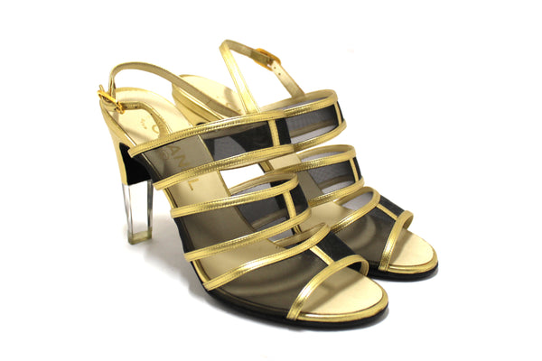 CHANEL Chanel Gold Leather and Black Mesh Lucite Heel Sandals Size 38 | Italystation.com - Shop Now at italystation.com