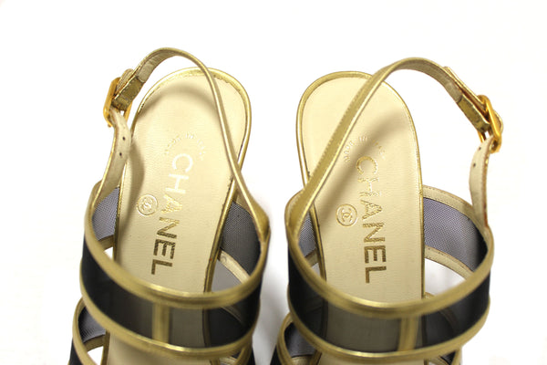 CHANEL Chanel Gold Leather and Black Mesh Lucite Heel Sandals Size 38 | Italystation.com - Shop Now at italystation.com