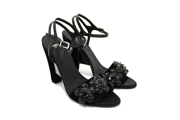 Fendi Black Velvet Flowerland Jewel Ankle Strap Sandals Size 38.5