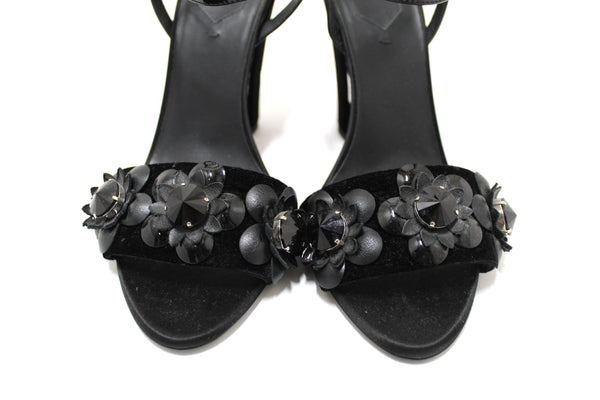 Fendi Black Velvet Flowerland Jewel Ankle Strap Sandals Size 38.5