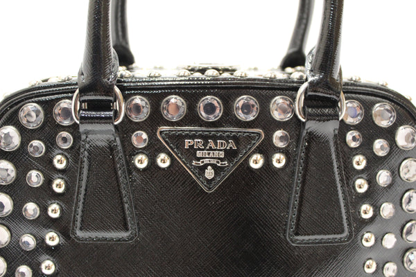Prada Black Patent Saffiano Leather Studded Pyramid Bag