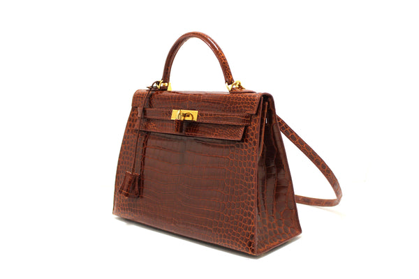 Hermes Vintage Miel Shiny Alligator Kelly Sellier 32