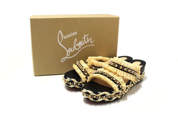 Christian Louboutin Beige Black Voltinoudou Raffia Wedge Sandals Size 39