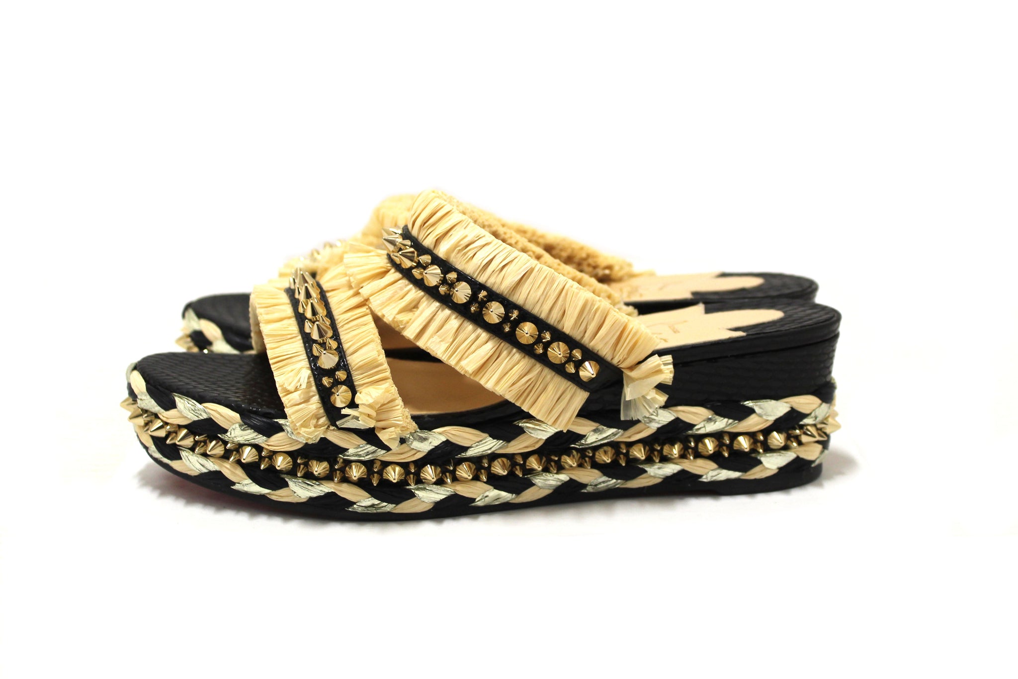 Christian Louboutin Beige Black Voltinoudou Raffia Wedge Sandals Size 39