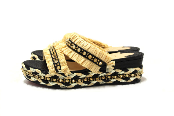 Christian Louboutin Beige Black Voltinoudou Raffia Wedge Sandals Size 39