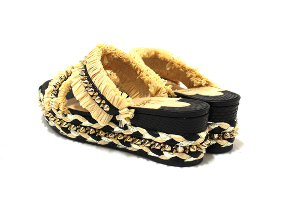 Christian Louboutin Beige Black Voltinoudou Raffia Wedge Sandals Size 39