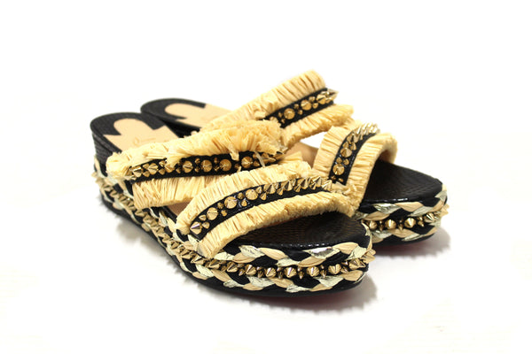 Christian Louboutin Beige Black Voltinoudou Raffia Wedge Sandals Size 39