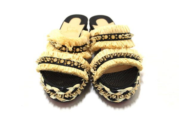 Christian Louboutin Beige Black Voltinoudou Raffia Wedge Sandals Size 39