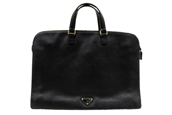 Prada Black Saffiano Leather Front Zip Pocket Briefcase Work Bag