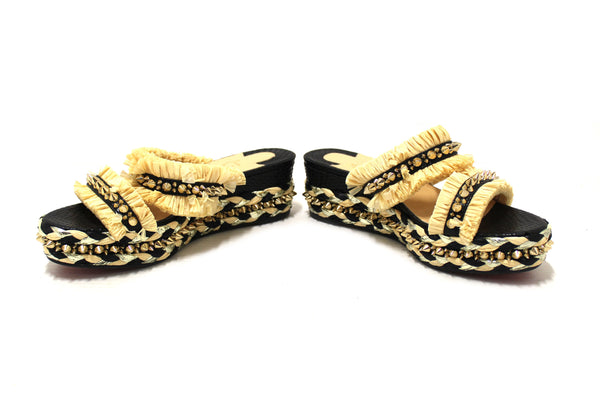 Christian Louboutin Beige Black Voltinoudou Raffia Wedge Sandals Size 39
