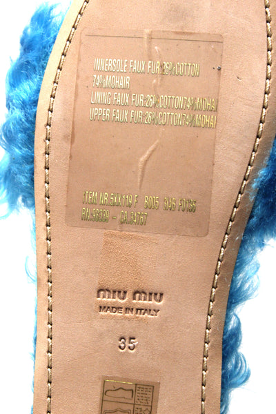 Miu Miu Teal Turquoise Blue Sherling Fur Rhinestones Flat Sandals Shoes Size 35