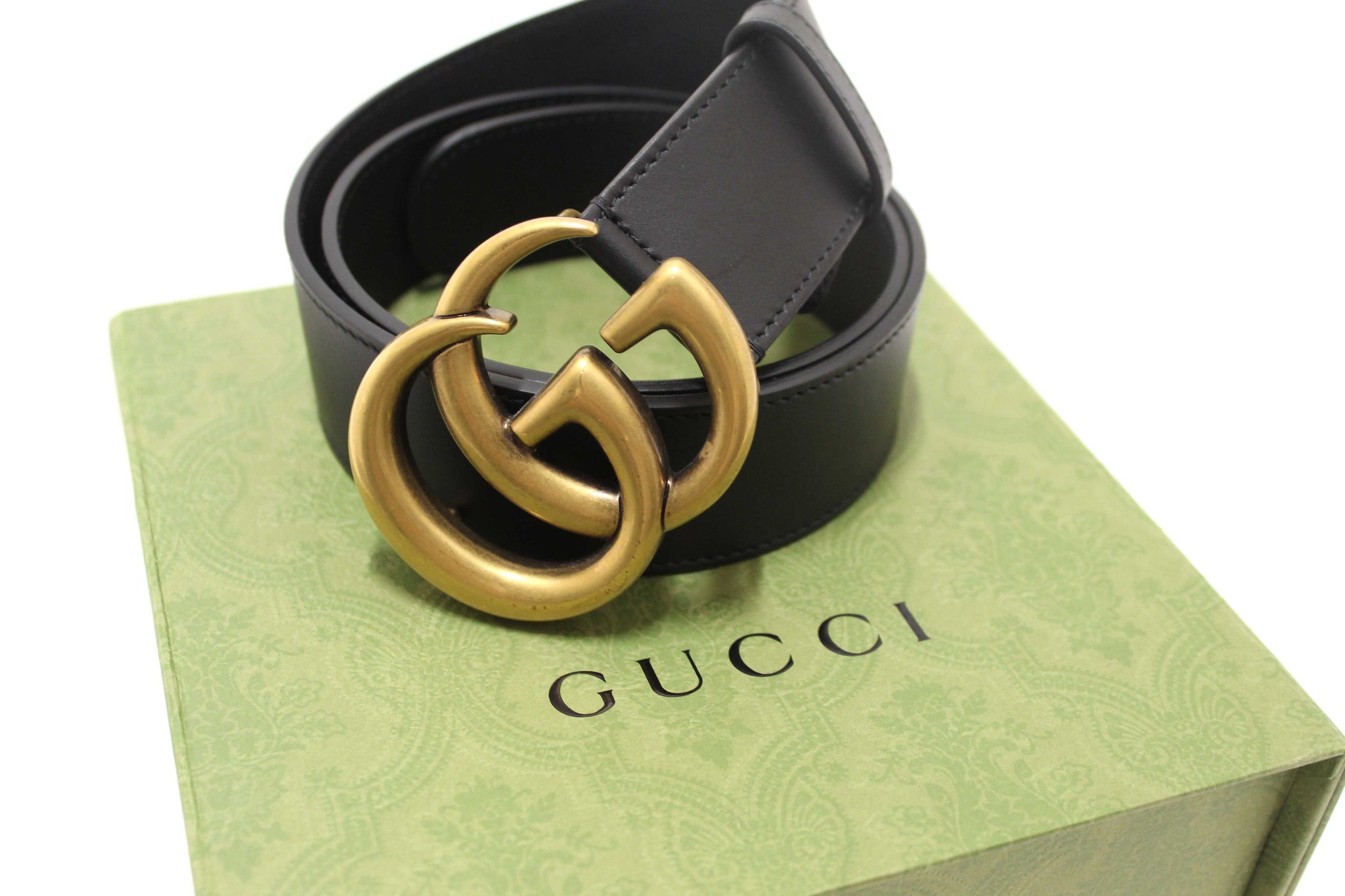 Gucci Black Leather GG Marmont with Maxi GG Belt Size 80 