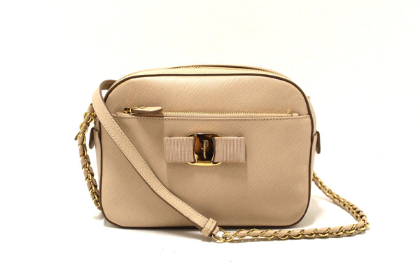 Salvatore Ferragamo Beige Calfskin Leather Lydia Bow Camera Crossbody Bag