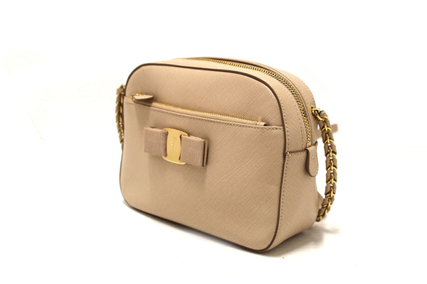 Salvatore Ferragamo Beige Calfskin Leather Lydia Bow Camera Crossbody Bag