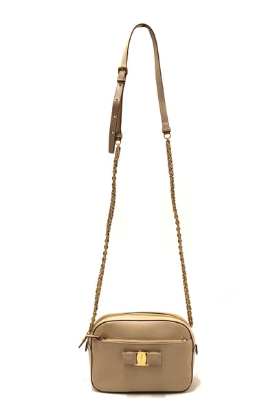 Salvatore Ferragamo Beige Calfskin Leather Lydia Bow Camera Crossbody Bag