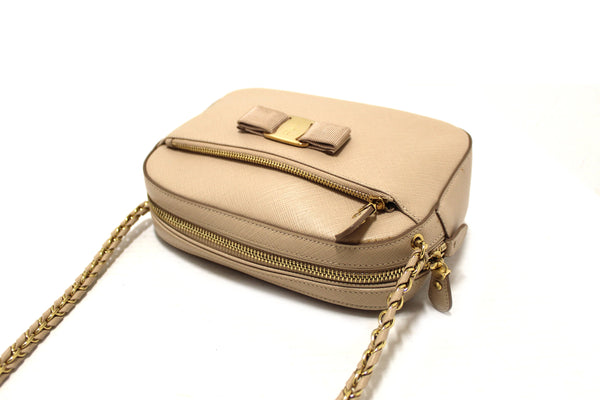 Salvatore Ferragamo Beige Calfskin Leather Lydia Bow Camera Crossbody Bag