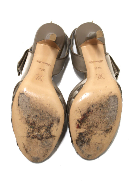 Louis Vuitton Taupe Satin Bow Woven Open Toe Pump Shoes Size 37.5