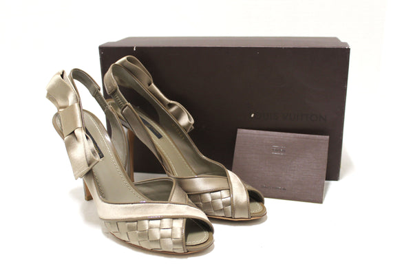 Louis Vuitton Taupe Satin Bow Woven Open Toe Pump Shoes Size 37.5