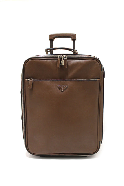 Prada Brown Saffiano Leather Travel Trolley Rolling Luggage