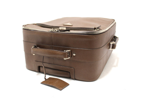 Prada Brown Saffiano Leather Travel Trolley Rolling Luggage