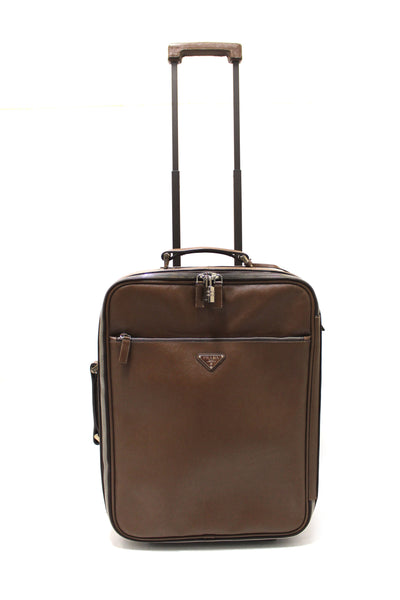 Prada Brown Saffiano Leather Travel Trolley Rolling Luggage