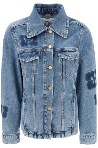 denim jacket with patch detail J1436 MID BLUE STONE