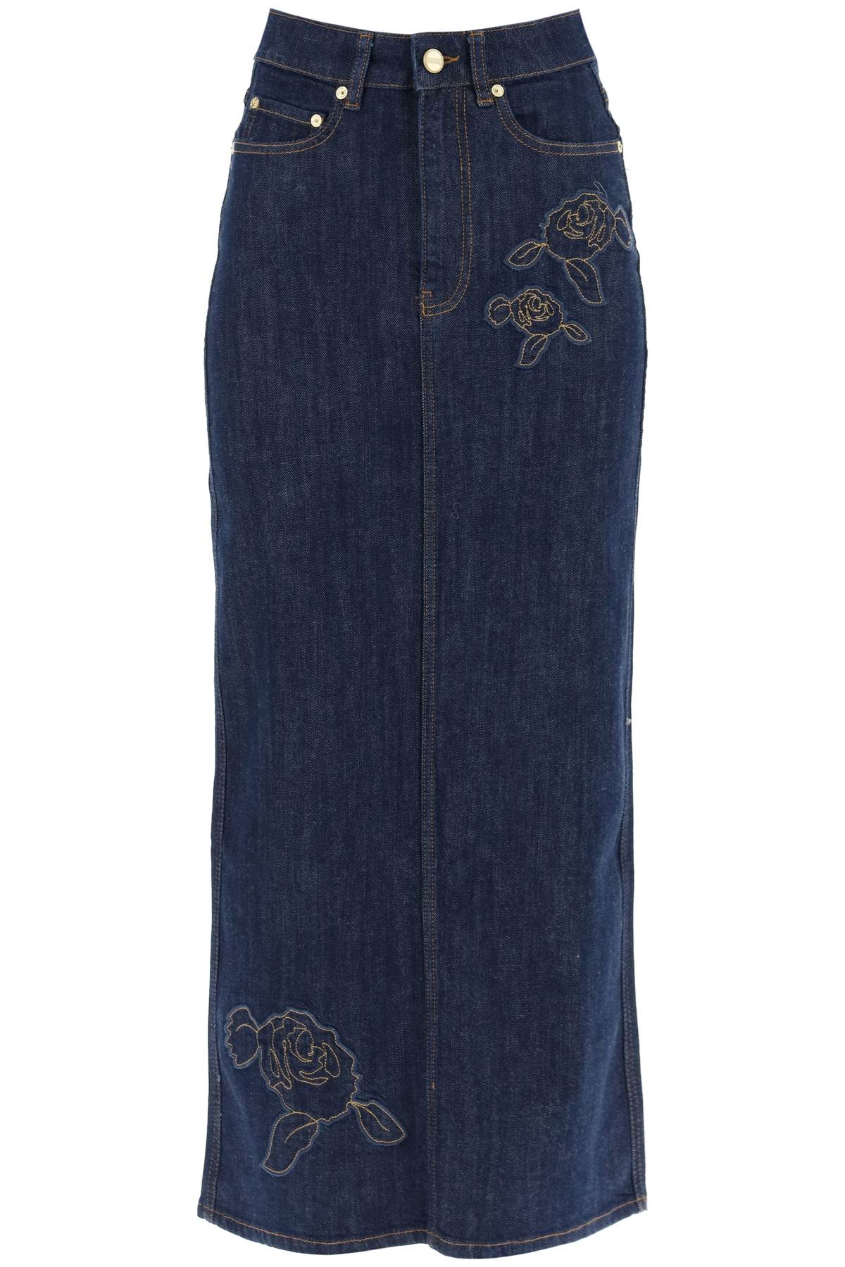 maxi denim skirt with pink embroidery J1440 RINSE