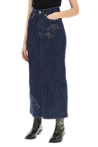 maxi denim skirt with pink embroidery J1440 RINSE