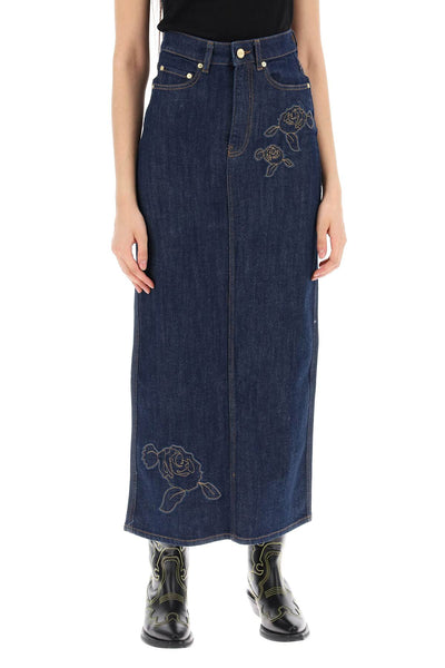 maxi denim skirt with pink embroidery J1440 RINSE