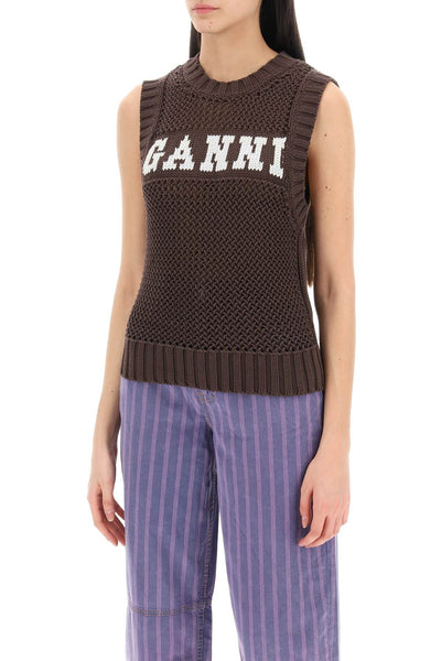 open-stitch knitted vest with logo K2120 HOT FUDGE