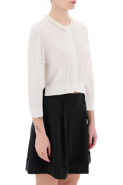 "cropped cardigan with pearl KMK2B 0647 IVORY PEARL