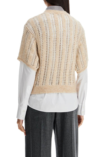 dazzling net short sleeve knit MCM510600 BEIGE+STRACCIATELLA+SEASHELL