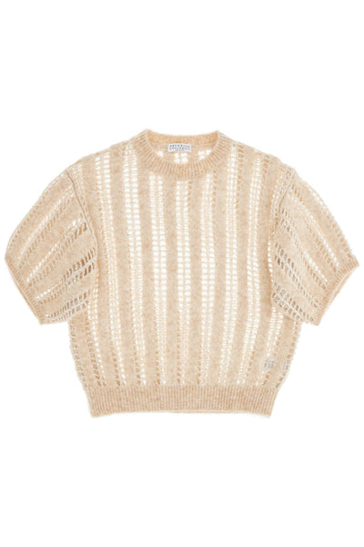 dazzling net short sleeve knit MCM510600 BEIGE+STRACCIATELLA+SEASHELL