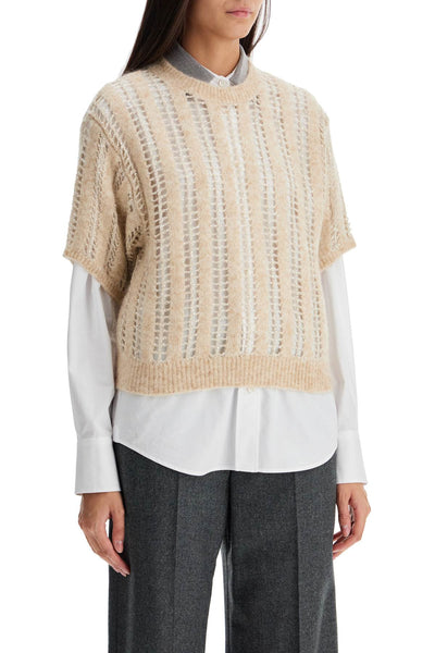 dazzling net short sleeve knit MCM510600 BEIGE+STRACCIATELLA+SEASHELL