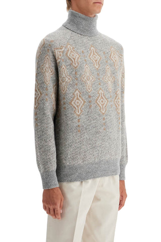 BRUNELLO CUCINELLI geometric jacquard turtleneck sweater MSO708403 GRIGIO+CAMMELLO+OYSTER