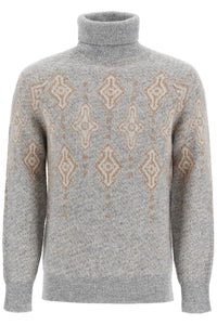 geometric jacquard turtleneck sweater MSO708403 GRIGIO+CAMMELLO+OYSTER