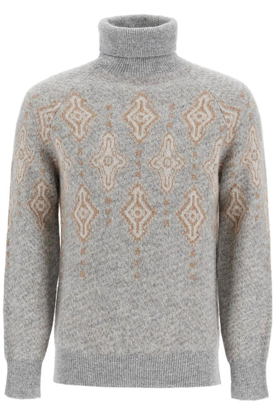 geometric jacquard turtleneck sweater MSO708403 GRIGIO+CAMMELLO+OYSTER