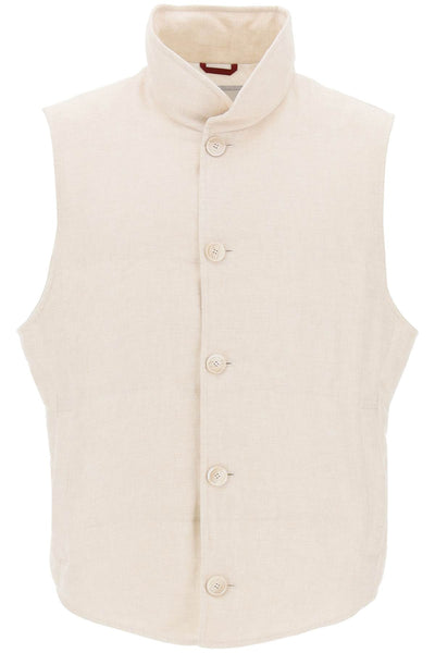 sleeveless down jacket in linen, MW4821852 SABBIA PANAMA