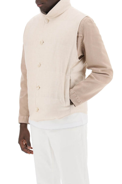 sleeveless down jacket in linen, MW4821852 SABBIA PANAMA