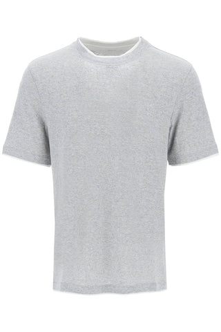 Brunello cucinelli overlapped-effect t-shirt in linen and cotton MW8357427 GRIGIO MEDIO OFF WHITE