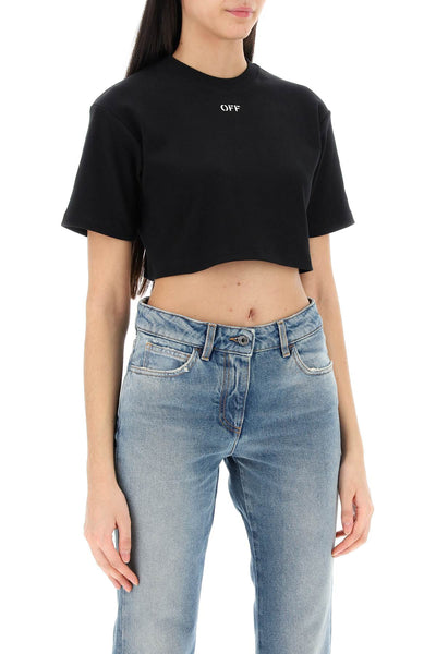 cropped t-shirt with off embroidery OWAA081C99JER004 BLACK WHITE