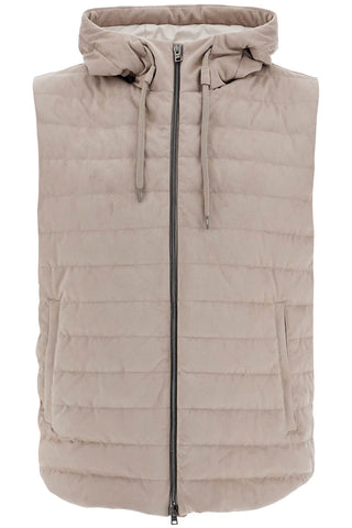 sleeveless down jacket in dove gray polyester with quilted hood PI001221U 12454 TORTORA